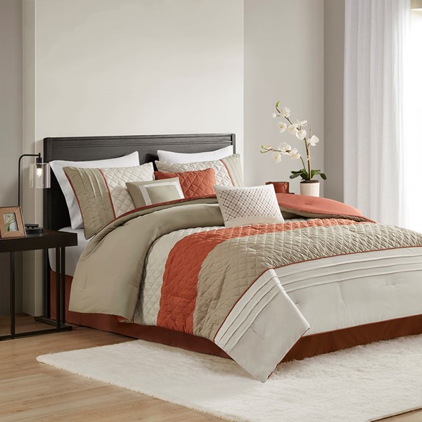 Madison Park Jenson 7 Piece Color Block Stripe Comforter Set with Throw Pillows in Spice, King MP10-8325