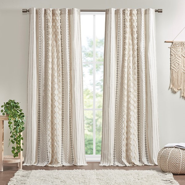 INK+IVY Imani Cotton Printed Curtain Panel with Chenille Stripe and Lining in Ivory, 50x84" II40-1180