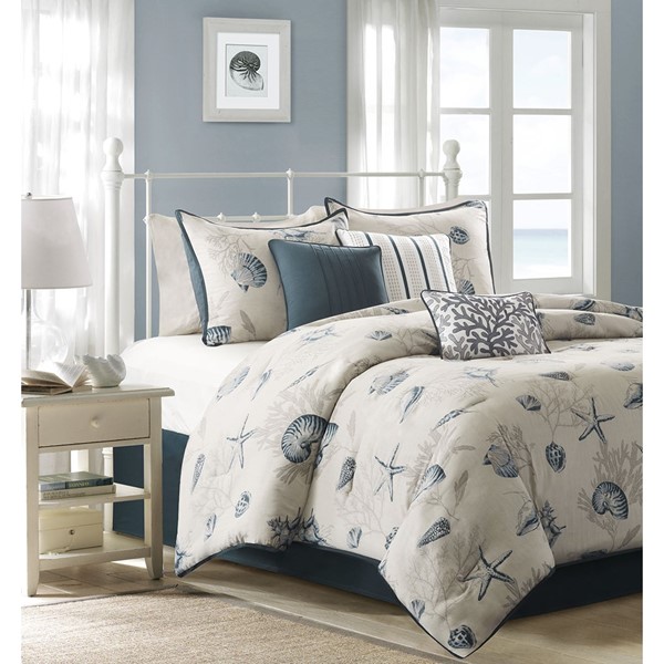 Madison Park Bayside 7 Piece Cotton Sateen Comforter Set in Blue, Queen MP10-504