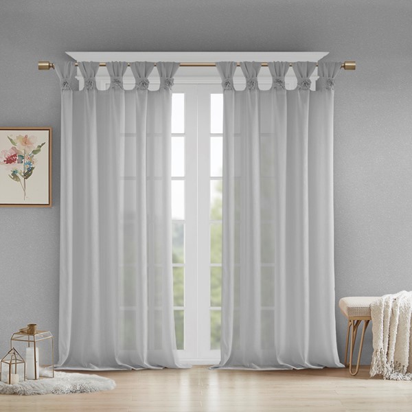 Madison Park Rosette Floral Embellished Cuff Tab Top Solid Curtain Panel in Grey, 50x84" MP40-5651