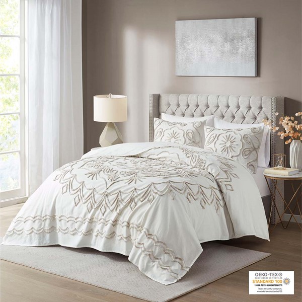 Madison Park Violette 3 Piece Tufted Cotton Chenille  Coverlet Set in Ivory/Taupe, King/Cal King MP13-7145