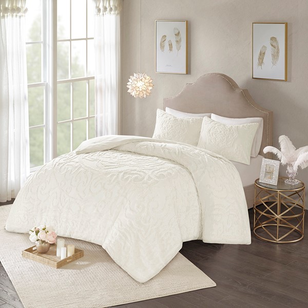 Madison Park Laetitia Tufted Cotton Chenille Medallion Duvet Cover Set in Off-White, Full/Queen MP12-5978