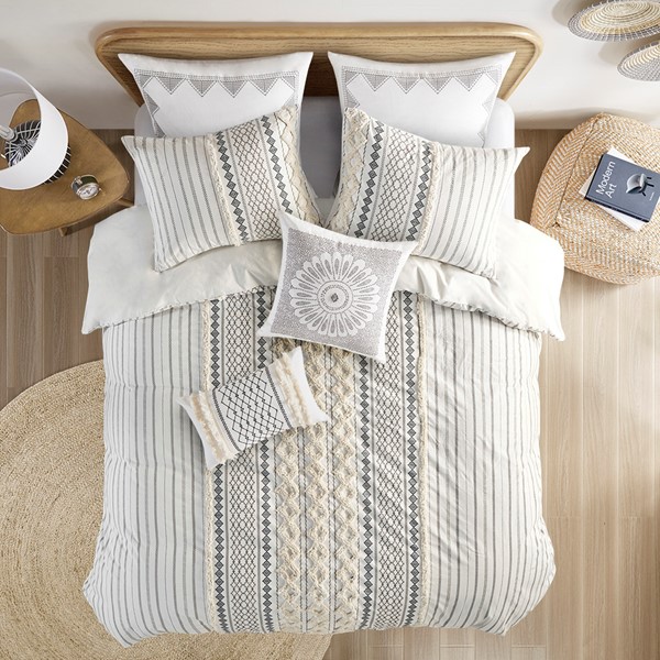 INK+IVY Imani Cotton Printed Duvet Cover Set with Chenille in Ivory, King/Cal King II12-997