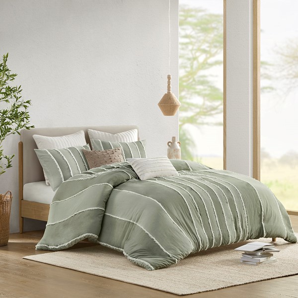 INK+IVY Shay 3 Piece Striped Cotton Duvet Cover Set in Sage, King/Cal King II12-1323