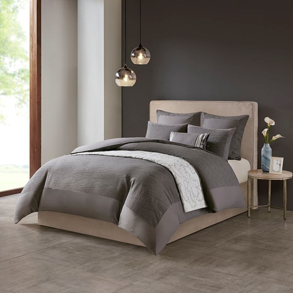 N Natori Hanae Cotton Blend Yarn Dyed 3 Piece Duvet Cover Set in Grey, Full/Queen NS12-3251