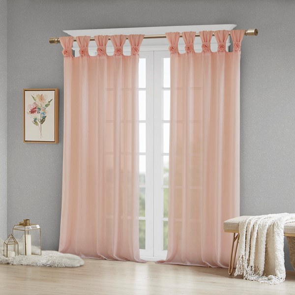 Madison Park Rosette Floral Embellished Cuff Tab Top Solid Curtain Panel in Blush, 50x84" MP40-5648