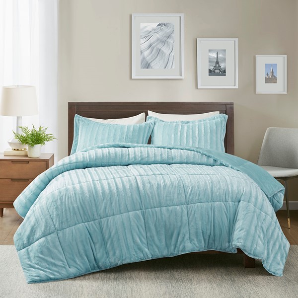 Madison Park Duke Faux Fur Comforter Mini Set in Aqua, King/Cal King MP10-7633