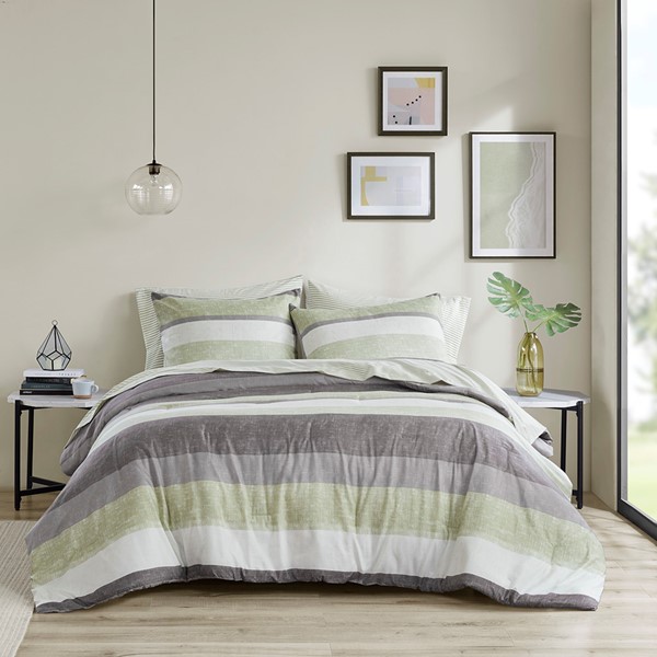 Madison Park Essentials Jaxon Stripe Comforter Set with Bed Sheets in Green/Grey, Full MPE10-1069