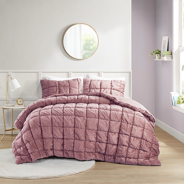 Intelligent Design Velvet Dream Puff Comforter Set in Pink, Full/Queen ID10-2340