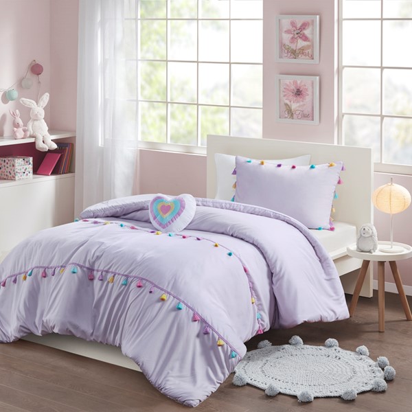 Mi Zone Kids Tessa Tassel Comforter Set with Heart Shaped Throw Pillow in Lavender, Twin MZK10-273