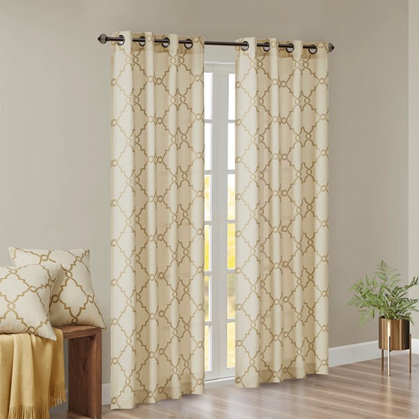 Madison Park Saratoga Fretwork Print Grommet Top Window Curtain Panel in Beige/Gold, 50x95" MP40-3599