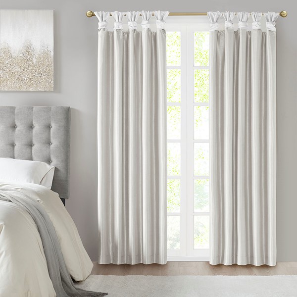 Madison Park Emilia 100% Polyester Solid Faux Silk Lined Twist Tab Total Blackout Window Curtain in White, 50x84" Blackout MP40-6366