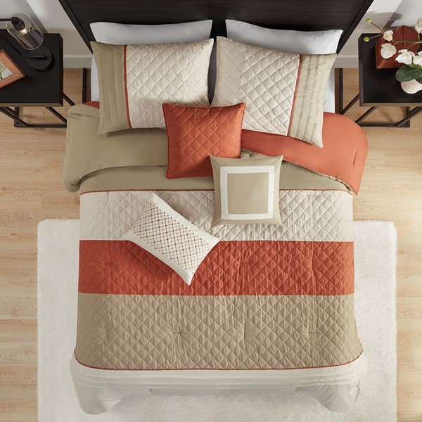 Madison Park Jenson 7 Piece Color Block Stripe Comforter Set with Throw Pillows in Spice, King MP10-8325