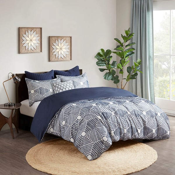 INK+IVY Ellipse Cotton Jacquard Duvet Cover Set in Navy, King/Cal King II12-1072