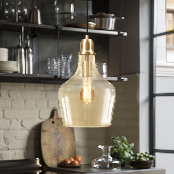 INK+IVY Auburn Bell Shaped Hanging Glass Pendant Light in Gold/Amber, Dia.9" FB151-1188