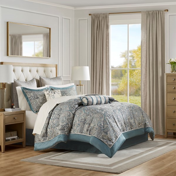 Madison Park Aubrey 12 Piece Comforter Set with Cotton Bed Sheets in Teal, Queen MP10-8311