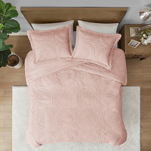 Madison Park Arya Embroidered Medallion Faux Fur Ultra Plush Comforter Mini Set in Blush, Twin MP10-5060