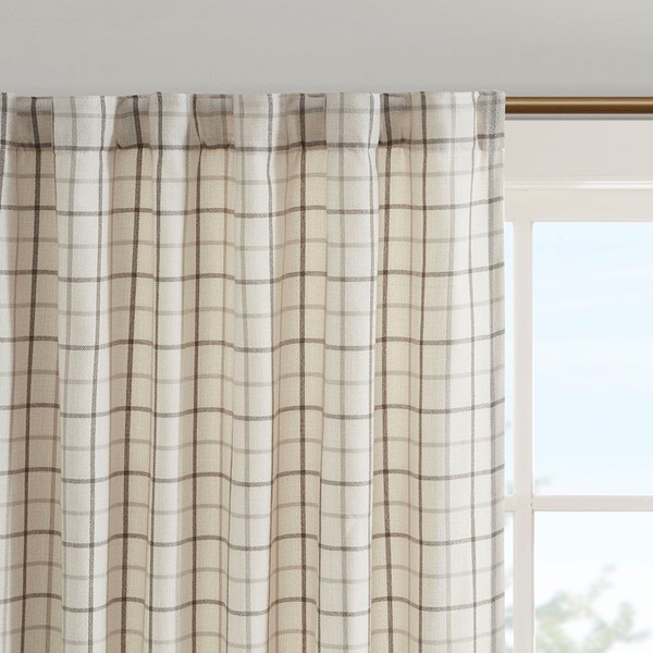 Madison Park Anaheim Plaid Rod Pocket and Back Tab Curtain Panel with Fleece Lining in Natural, 50x95" MP40-6764