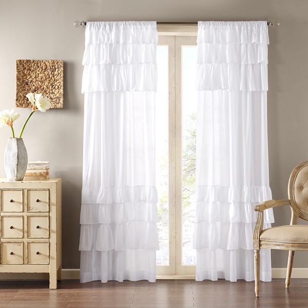 Madison Park Anna Cotton Oversized Ruffle Curtain Panel in White, 50x84" WIN40-140