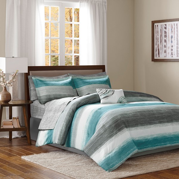 Madison Park Essentials Saben Comforter Set with Cotton Bed Sheets in Aqua, Twin MPE10-693