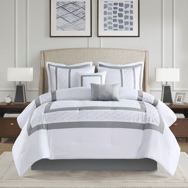 510 Design Powell 8 Piece Embroidered Comforter Set in White, Queen 5DS10-0280