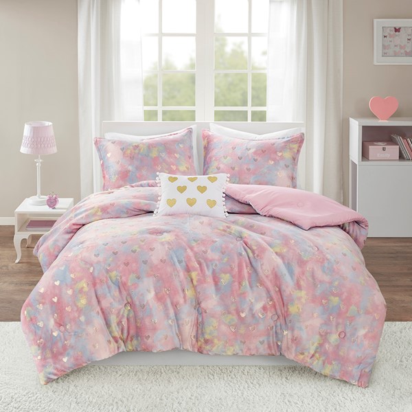 Mi Zone Rosalie Metallic Printed Plush Comforter Set with Throw Pillow in Pink Multi/Gold, Twin/Twin XL MZ10-0654