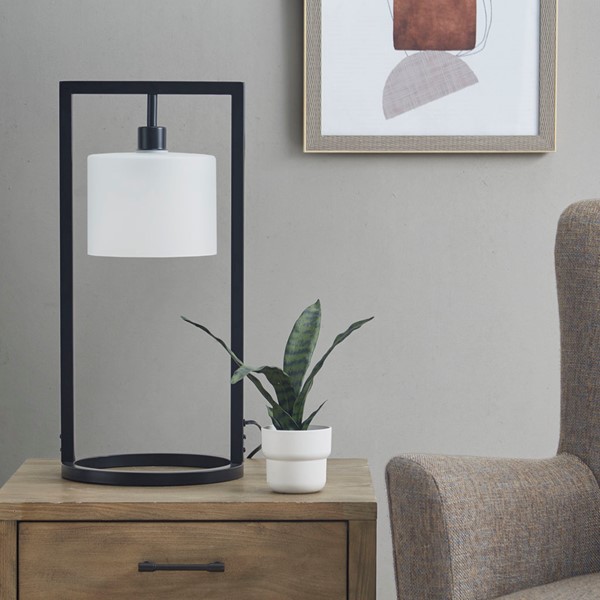 INK+IVY Kittery Metal Table Lamp with Glass Drum Shade in Black Base/Frosted Shade II153-0126