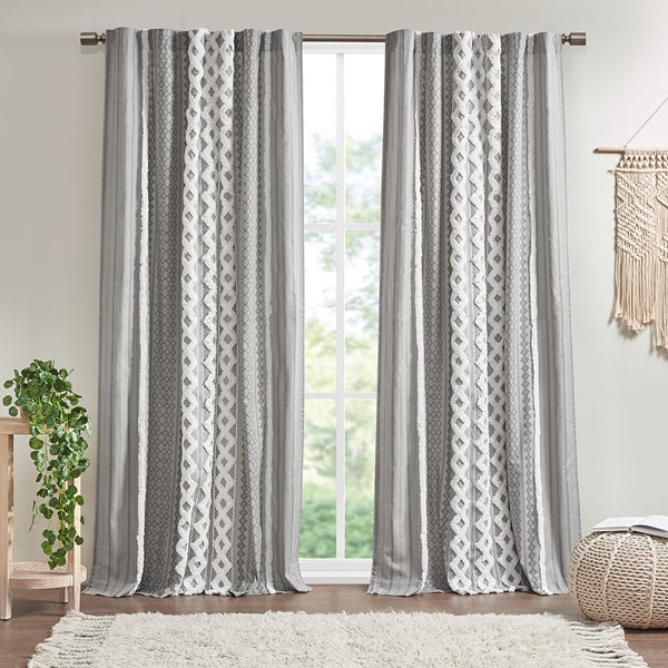 INK+IVY Imani Cotton Printed Curtain Panel with Chenille Stripe and Lining in Gray, 50x84" II40-1181