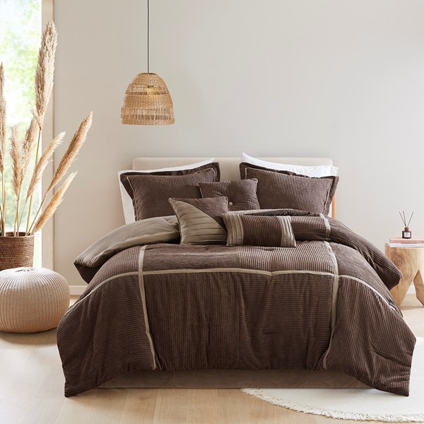 Madison Park Dallas 7 Piece Micro Corduroy Comforter Set in Brown, King MP10-8476