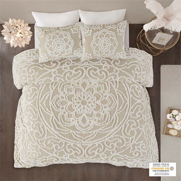 Madison Park Laetitia Tufted Cotton Chenille Medallion Duvet Cover Set in Taupe, Full/Queen MP12-7116