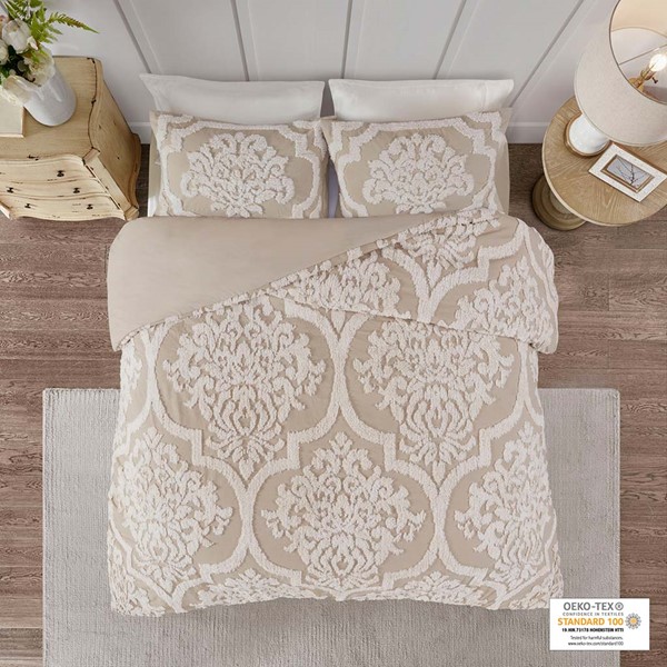 Madison Park Viola 3 Piece Tufted Cotton Chenille Damask Duvet Cover Set in Taupe, Full/Queen MP12-7104