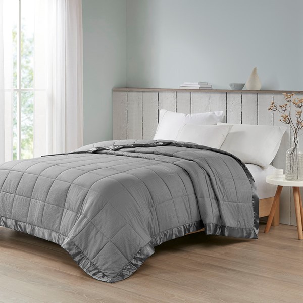 Madison Park Cambria Oversized Down Alternative Blanket with Satin Trim in Charcoal, Full/Queen MP51-7650