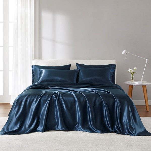 Madison Park Essentials Satin Luxury Sheet Set in Midnight Blue, Queen MPE20-1139