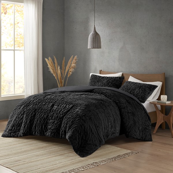 Madison Park Blair Ruched Fur Down Alternative Comforter Set in Black, King/Cal King MP10-8214