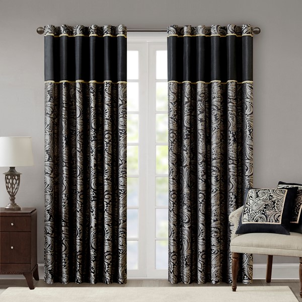 Madison Park Aubrey Jacquard Curtain Panel Pair in Black, 50x108" MP40-2678