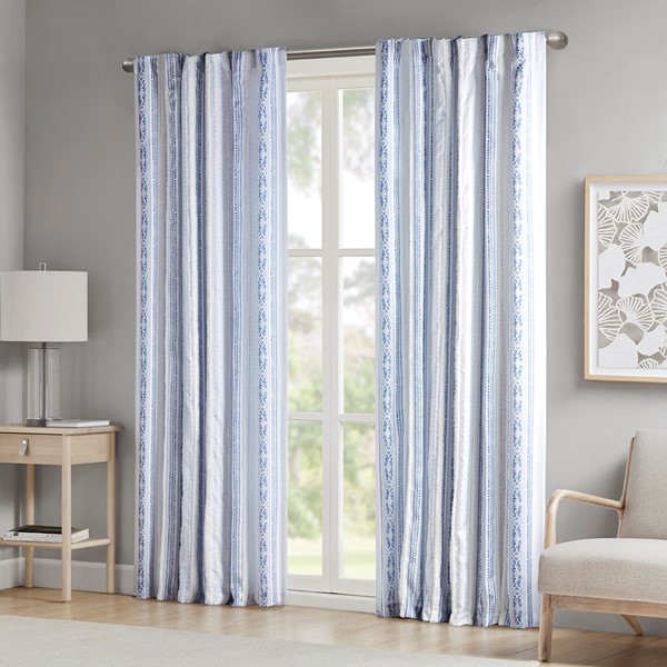 Madison Park Veronica Poly Printed Curtain Panel with Tufted Stripe and Lining in White/Navy, 50x84" MP40-8462