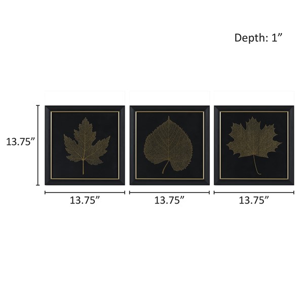 Martha Stewart Gilded Trio Gold Metallic Leaf Square Framed Graphic Wall Decor 3-Piece Set in Black/Gold MT95G-0087