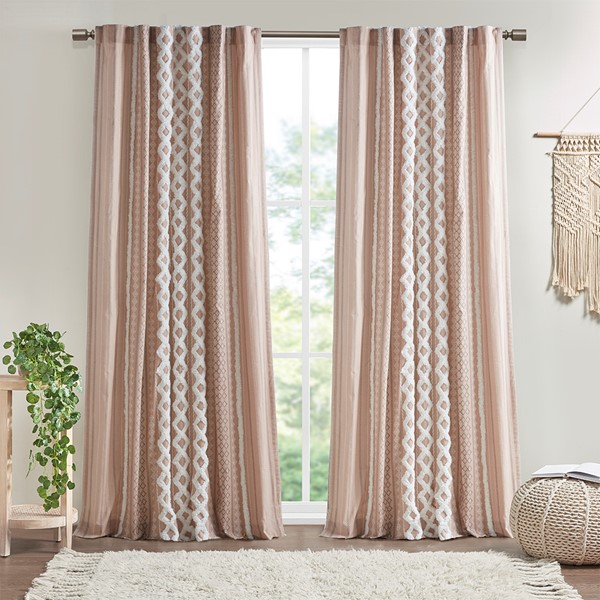 INK+IVY Imani Cotton Printed Curtain Panel with Chenille Stripe and Lining in Blush, 50x84" II40-1234