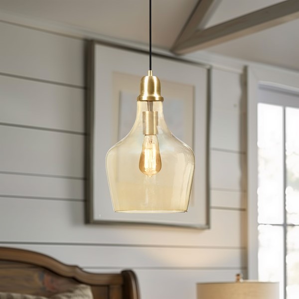 INK+IVY Auburn Bell Shaped Hanging Glass Pendant Light in Gold/Amber, Dia.9" FB151-1188