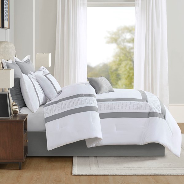 510 Design Powell 8 Piece Embroidered Comforter Set in White, King 5DS10-0281