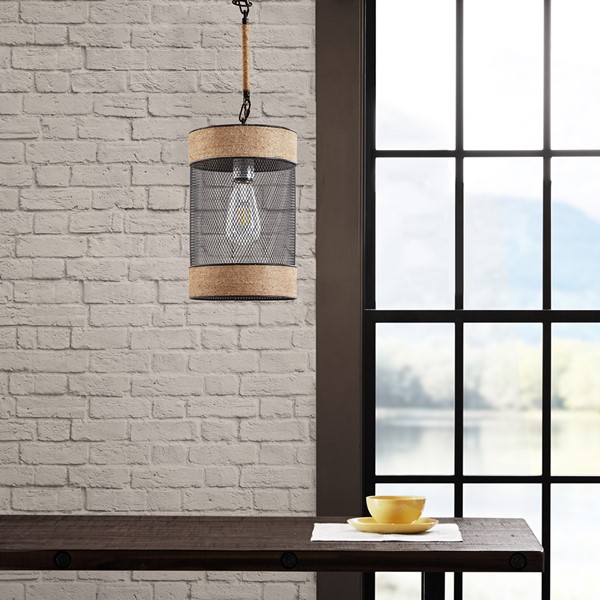 INK+IVY Orion Natural Rope and Metal Mesh Cylinder Pendant in Natural/Black II151-0139