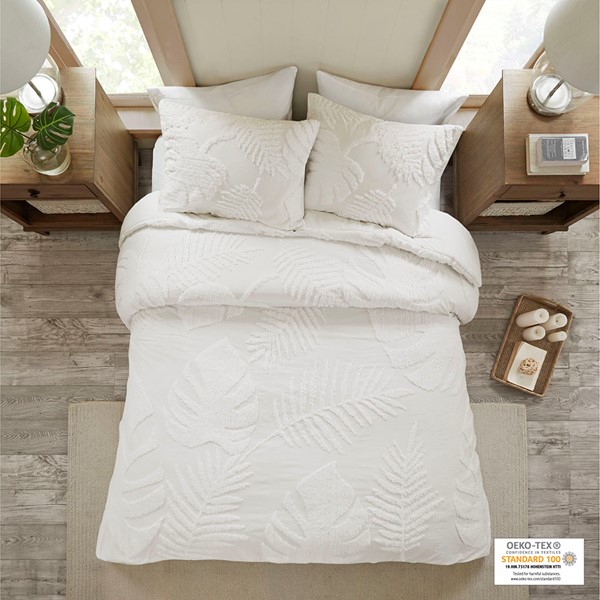 Madison Park Bahari 3 Piece Tufted Cotton Chenille Palm Duvet Cover Set in Off-White, Full/Queen MP12-6223