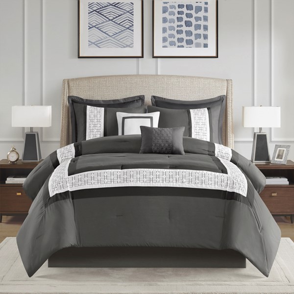 510 Design Powell 8 Piece Embroidered Comforter Set in Dark Grey, King 5DS10-0295