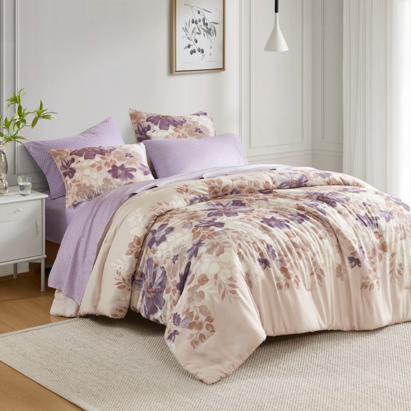 Madison Park Essentials Luna Floral Comforter Set with Bed Sheets in Taupe, Queen MPE10-1065