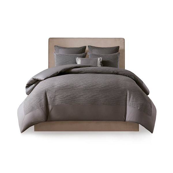 N Natori Hanae Cotton Blend Yarn Dyed 3 Piece Duvet Cover Set in Grey, Full/Queen NS12-3251