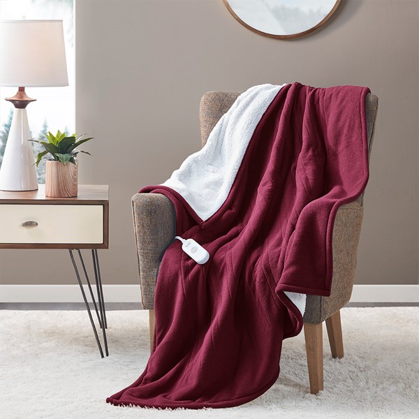 Serta Fleece to Sherpa Heated Throw in Burgundy, 50x60" ST54-0124