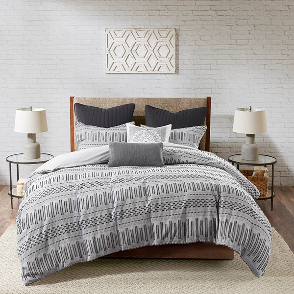 INK+IVY Rhea Cotton Jacquard Duvet Cover Mini Set in Grey/Black, Full/Queen II12-1102