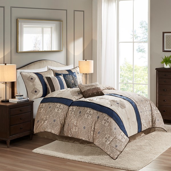 Madison Park Donovan 7 Piece Jacquard Comforter Set with Throw Pillows in Navy, King MP10-4345