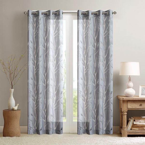 Madison Park Averil Grommet Top Sheer Bird on Branches Burnout Window Curtain in Grey, 50x63" MP40-3594