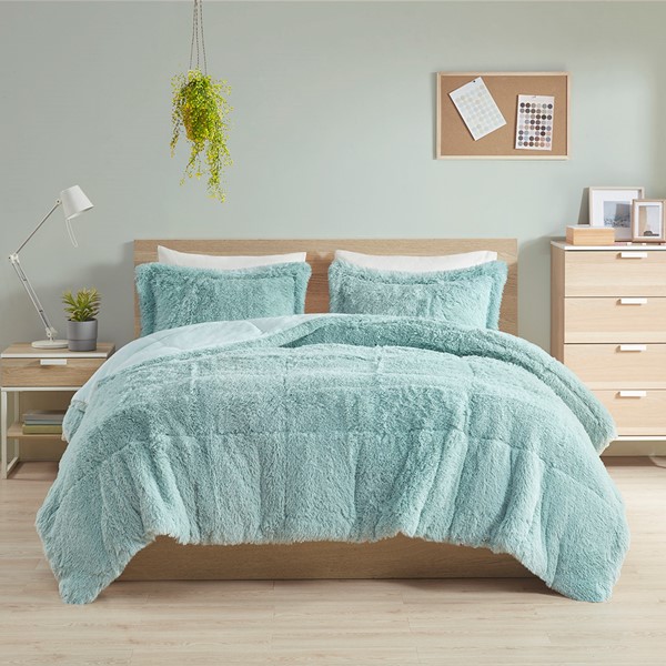 Intelligent Design Malea Shaggy Faux Fur Comforter Mini Set in Aqua, Full/Queen ID10-2043